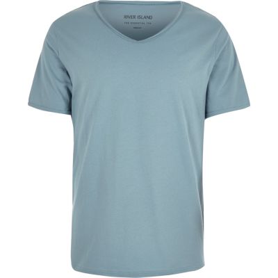 Blue scoop V-neck t-shirt